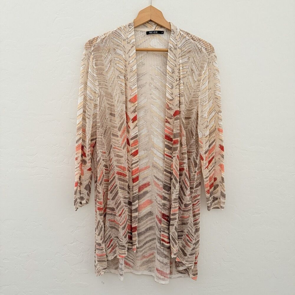 NIC+ZOE Women’s XL Linen Blend Long Cardigan Open Front Geometric Lightweight